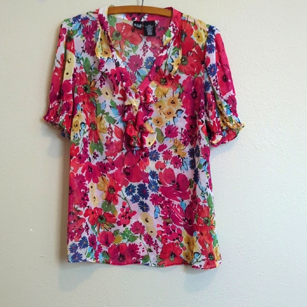 a.n.a. Red Sheer Ruffled Blouse